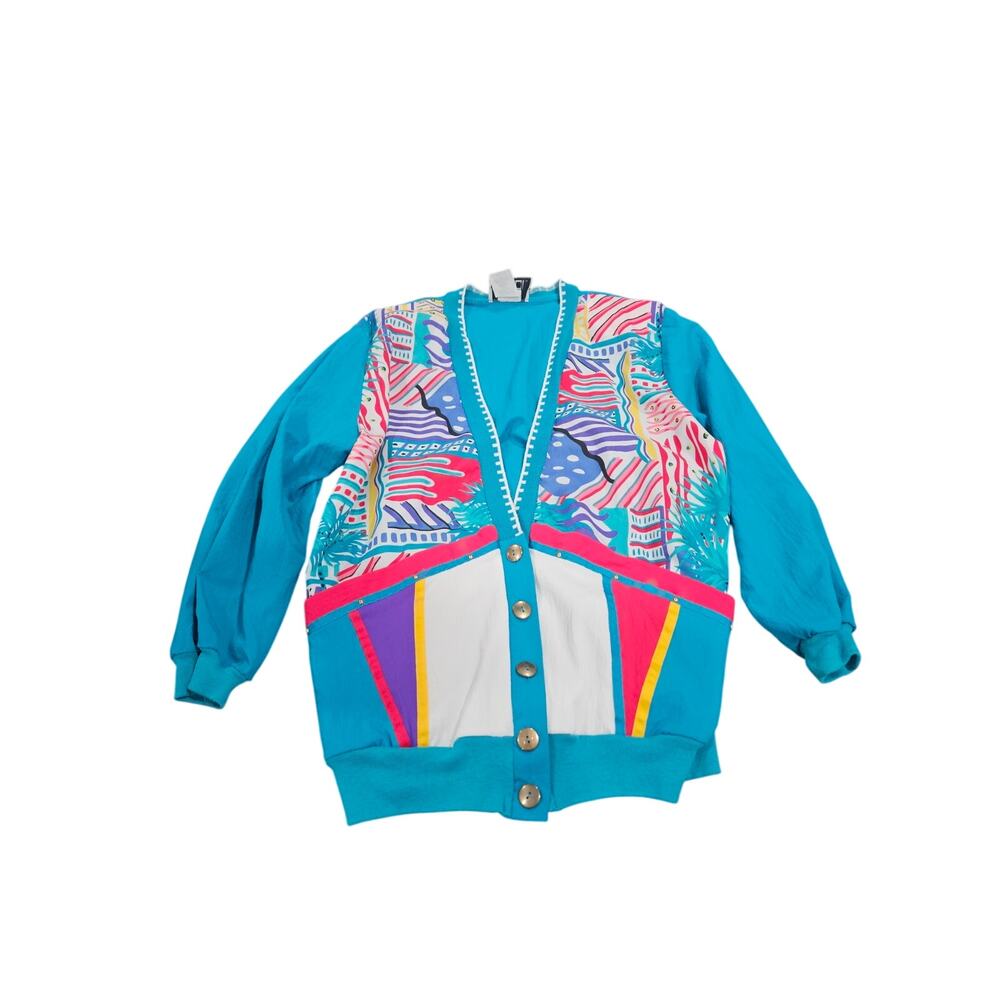 Vintage 80 Teddi Petite PM Windbreaker Jacket Colorblock Teal Abstract USA M